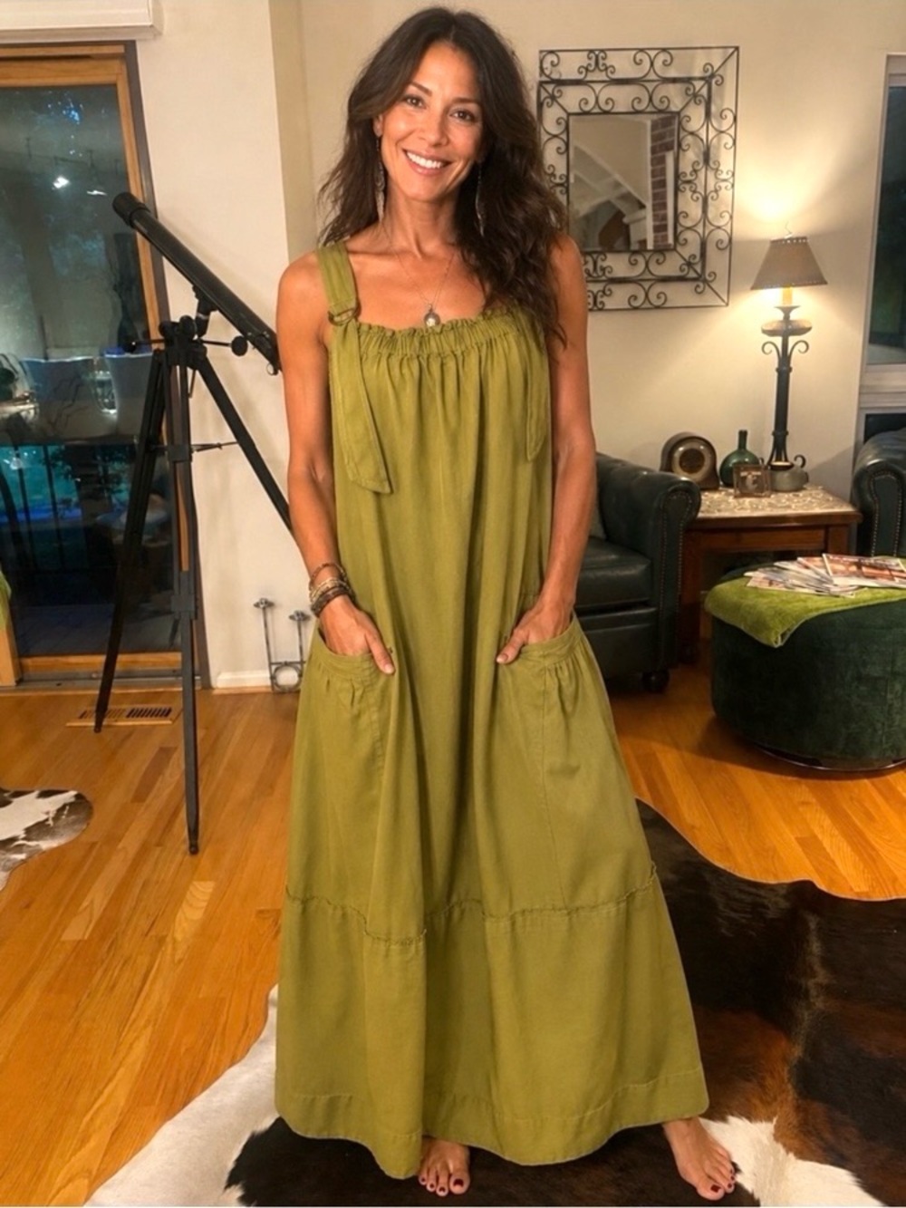 ‘Machu Barrel’ Free People , Olive Green Maxi Overall Dress with huge Pockets !